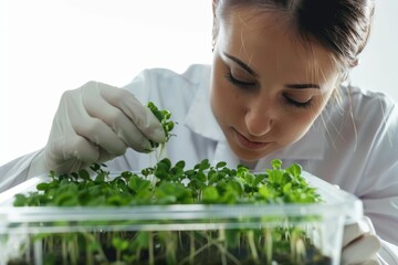 Poster - Biologist observing green shoots in a plastic container Isolated on white background