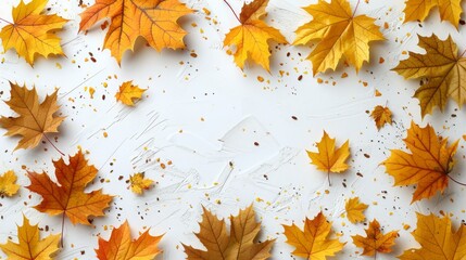 Orange beautiful maple leaves in summer frame isolated in white background, falling leaves natural with space for text 