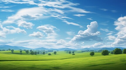 Poster - Bright green pasture with fluffy clouds and warm sunlight