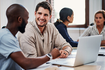 Office, workshop and business people at laptop with ideas for project development, growth or planning. Discussion, meeting and team in conference room with collaboration, support and online article.