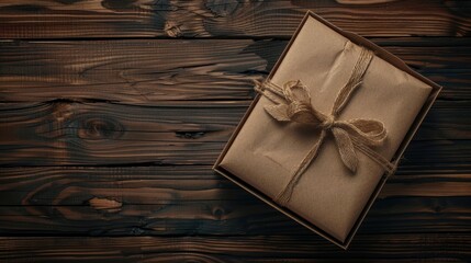 Wall Mural - Top view of wooden box with paper and bow