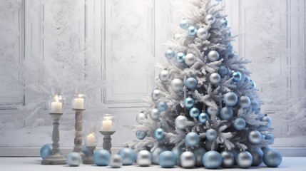 Poster - Christmas tree with silver and blue ornaments in a snowy winter wonderland setting