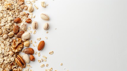 Wall Mural - Healthy breakfast ingredients oats and nuts on white backdrop with room for text