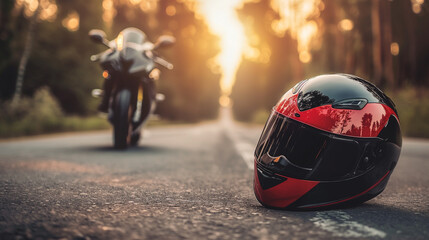 Wall Mural - modern sports bike helmet on road in front of sports bike