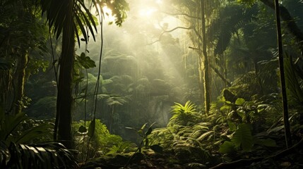 Aufkleber - Dense tropical rainforest with sunlight filtering through the canopy