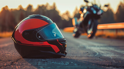 Poster - modern sports bike helmet on road in front of sports bike