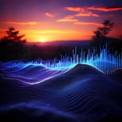 Sticker - sound-wave-5g-illuminated-in-the-stunning-landscape-sunset-cgi-