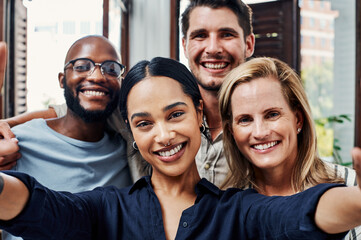 Fototapete - Design, smile and selfie of business people in office with support, creative solidarity and diversity at tech startup. Photography, teamwork and happy portrait of confident staff at digital agency.
