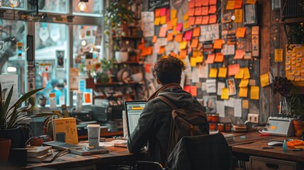 Poster - focused work with sticky notes and laptop. person works on a laptop in a cluttered office filled wit