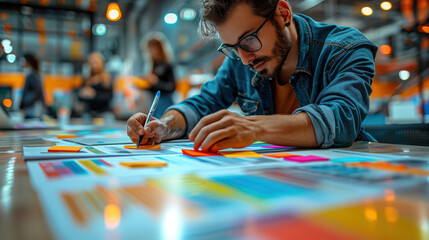 Poster - Creative Team Member Writing on Sticky Notes. Team member writes on colorful sticky notes in a vibrant, collaborative workspace, indicating active brainstorming and idea development.