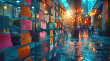 Poster - vibrant city street with sticky note display. city street scene featuring a glass wall covered in co