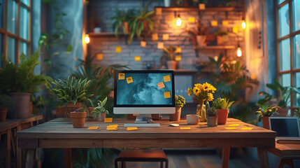 Poster - Green Workspace with Sticky Notes on Monitor. Cozy workspace filled with plants, featuring a computer monitor with sticky notes and a wooden desk illuminated by warm light.