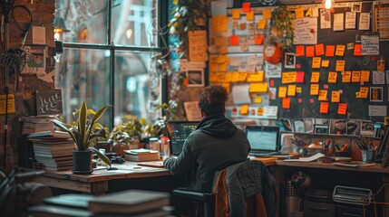 Poster - Man Working in Creative Office with Sticky Notes. Man works on a laptop in a cluttered, creative office space filled with sticky notes, books, and plants, focusing on his tasks.