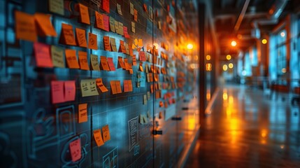 Poster - Vibrant Sticky Notes on Office Wall. Close-up of vibrant sticky notes covering an office wall, showcasing a busy and creative business environment focused on planning and ideas.