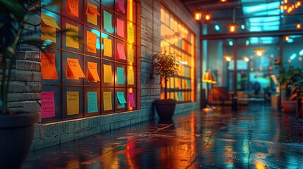 Poster - Colorful Sticky Notes in Modern Corridor. Modern corridor with a glass wall covered in colorful sticky notes, reflecting a dynamic and creative business environment.