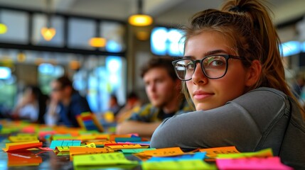 Poster - Young Woman in Workshop with Sticky Notes. Young woman with glasses in a workshop setting, surrounded by colorful sticky notes, focusing on brainstorming and idea generation.