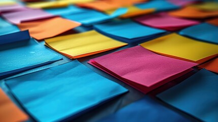 Poster - Close-Up of Colorful Sticky Notes. Close-up shot of colorful sticky notes scattered on a surface, emphasizing creativity and brainstorming in a business environment.