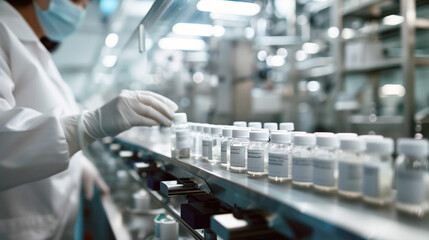 Wall Mural - Laboratory technician handling vials on a production line in a modern pharmaceutical plant. Industrial manufacturing, quality control, biotechnology, healthcare, pharmaceutical research.