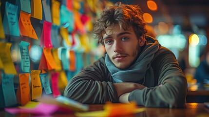 Poster - Man in Creative Office with Sticky Notes. Man in a creative office, leaning against a glass wall covered with colorful sticky notes, reflecting a vibrant and brainstorming-focused environment.