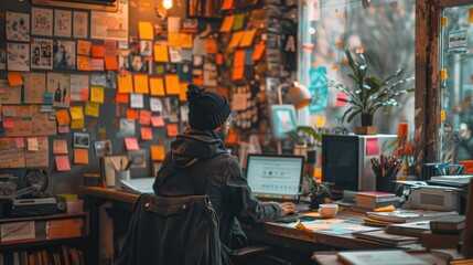 Poster - Person Working in Office with Sticky Notes. Person working at a desk in an office filled with sticky notes, papers, and plants, emphasizing a creative and productive workspace.