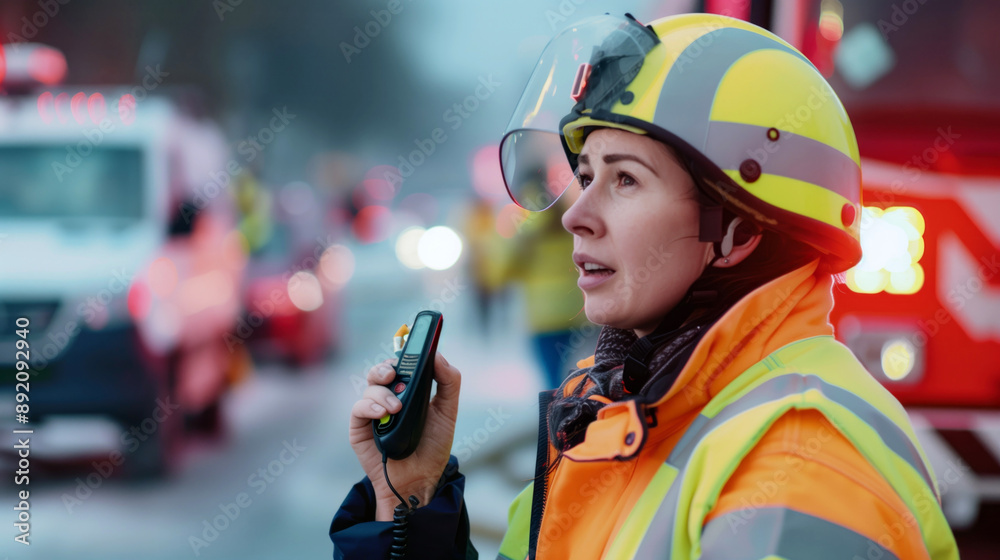 Fire Service Using Teamwork Female firefighter in high-visibility gear using a radio during an ...