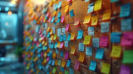 Poster - Office Board Filled with Sticky Notes. Office board filled with sticky notes in various colors, representing a brainstorming and planning session in a business environment.