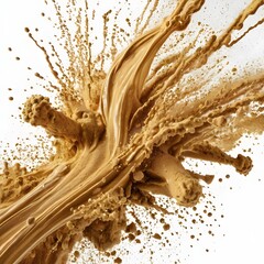 Sand explosion, with vibrant splashes of gold. Isolated on white background Generative AI 