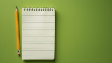 Wall Mural - Neat empty notepad and pencil on green background Bird s eye view