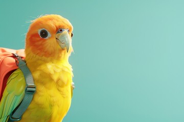 Wall Mural - A colorful bird with a red backpack on its back