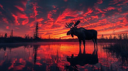 Dawn Reflections: Majestic Moose Silhouette on Colorful Sky & Calm Lake Waters