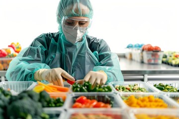 Poster - Employee in protective gear checking food quality in a factory Isolated on white background