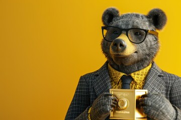 Poster - bear wearing glasses and a suit holding a gold framed certificate