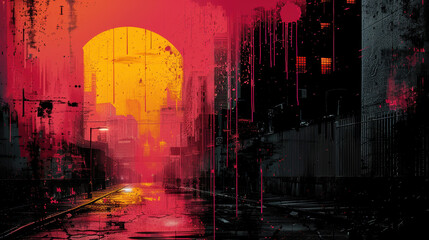 Wall Mural - A city street with a car driving down it and a large red sun in the background. The sun is almost touching the ground