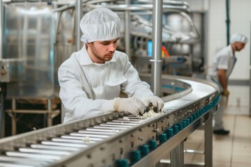 Poster - Food processing worker inspecting products on a conveyor belt Isolated on white background