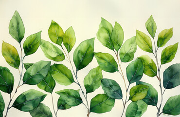 Wall Mural - A painting of green leaves with a white background. The leaves are painted in a way that they appear to be growing out of the canvas. The painting has a calming and peaceful mood