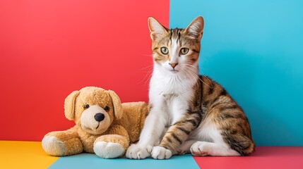 a cat with dog stuffed animal isolated on colorful background