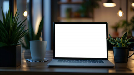 Poster - laptop mockup laptop on the table with blank white screen for mockup branding advertising advertisement promotion 