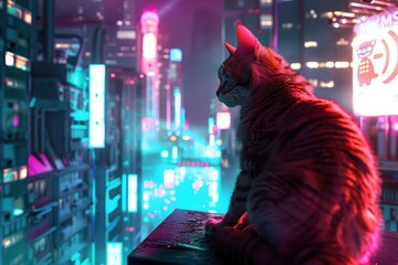 Sticker - A cat is sitting on a ledge in a city at night