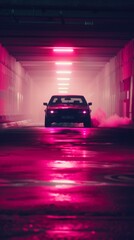 Poster - A car driving through a tunnel with pink lights on. AI.