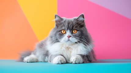 Wall Mural - A gray mixed white persian cat lying down isolated on colorful background