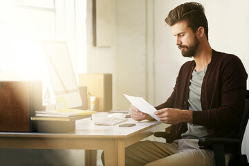 Aufkleber - Small business, businessman and paperwork for project, planning and creative networking in office. Web designer, research and document in workplace for startup, pride or confidence with design brief