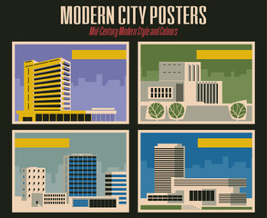 Wall Mural - Modern City Retro Posters Style Vector Illustrations, Modern Buildings, Mid Century Modern Colors and Shapes