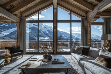 Spacious living room in a modern chalet with large windows offering stunning mountain views, featuring comfortable seating and elegant decor, creating a cozy yet luxurious atmosphere