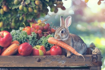 Sticker - A rabbit is sitting on a wooden crate full of fruits and vegetables