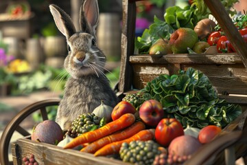 Sticker - A rabbit is sitting on a wooden crate full of fruits and vegetables