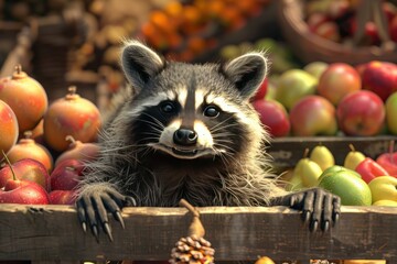 Poster - A raccoon is standing in front of a fruit stand with apples and pears