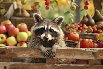 Poster - A raccoon is standing in front of a fruit stand with apples and pears