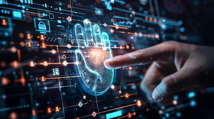 Poster - digital data protection with fingerprint authentication futuristic cyber security technology 