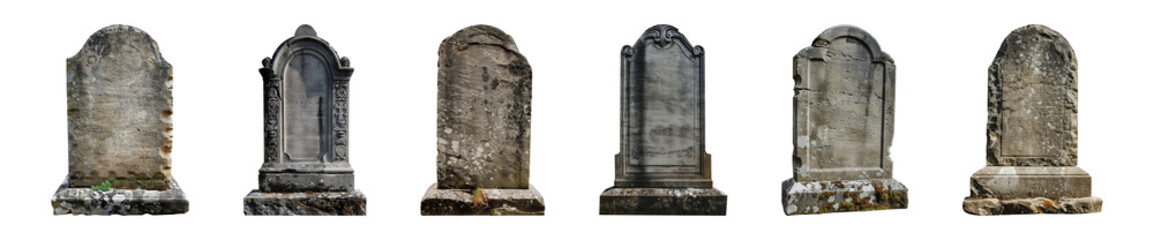 Collection of tombstones or gravestones isolated on a transparent background, cut out, PNG