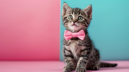 Poster - Beautiful funny Kitten with a pink bow tie isolated on colorful background